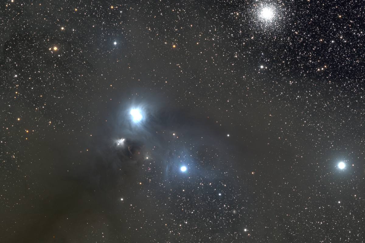 Blue reflection nebulae NGC 6726 and 6727 in Corona Australis, with the globular cluster NGC 6723 in the corner
